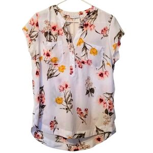 New York & Company Floral Pink Yellow Sleeveless Blouse